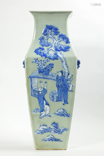 Chinese 19 C Blue & White Celadon Porcelain Vase