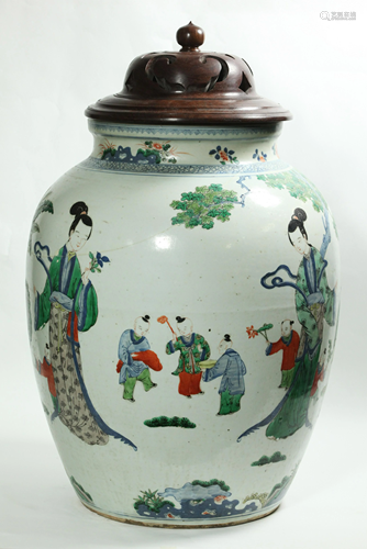 Lg Chinese 19C Famille Verte Porcelain Storage Jar