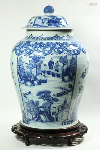 Lg Chinese Kangxi Blue White Porcelain Temple Jar