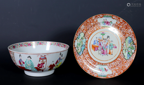 2 Chinese 18/19 C Rose Porcelains; Bowl & Plate