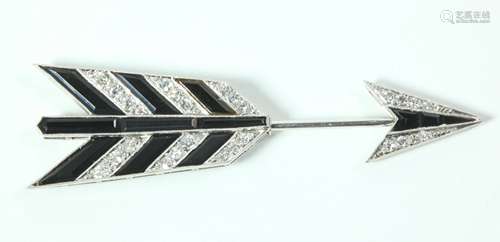 French Art Deco Onyx & Diamond 18 K Arrow Pin