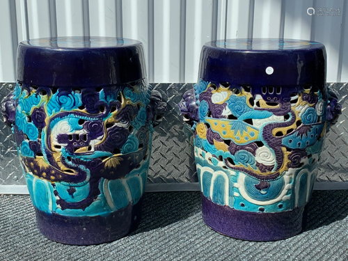 2 Chinese Ming Fahua Dragon Porcelain Garden Seats