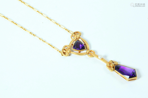 French Art Nouveau 14K & 2 Amethyst Cut Stones