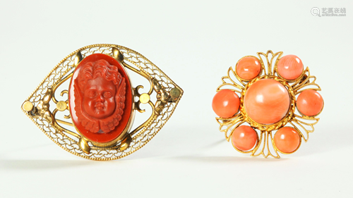 2 Italian 19 Century Coral & Gold Pins