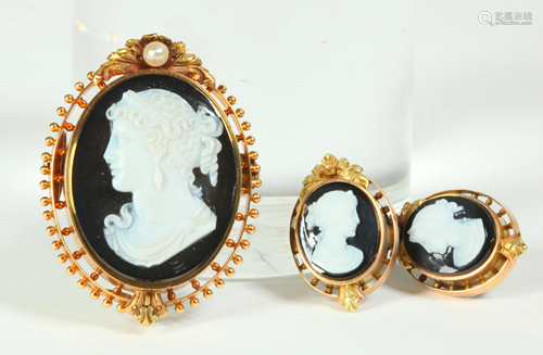 French 19 C Black & White Agate Brooch Earring Set