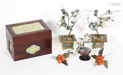 Chinese 19 C Wood & Enamel Box; 5 Gem Flowers