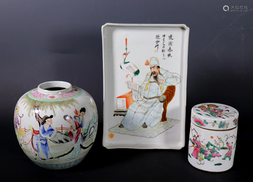 3 Chinese Famille Rose Porcelains, Jar, Box, Tray