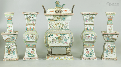 Rare Chinese 19 C 5 Piece Altar Garniture Set