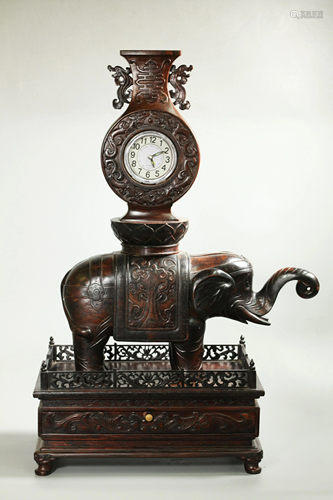 Chinese Hard Wood Elephant Vase Clock & Stand