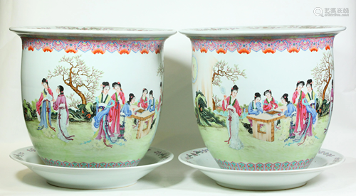 Pr Chinese Famille Rose Porcelain Planters & Trays