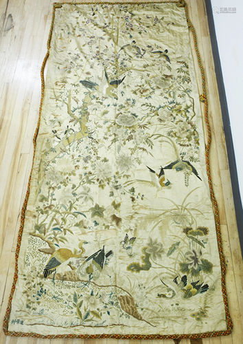 Chinese 19 C Silk Bird Flower Embroidery Panel