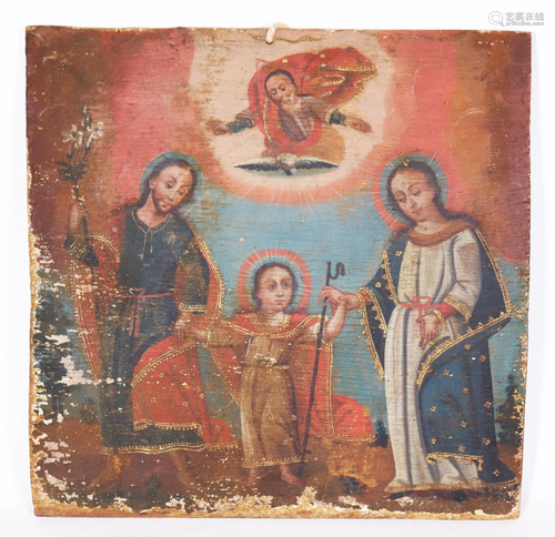 Spanish Colonial 19 C Holy Family; Oil on Board