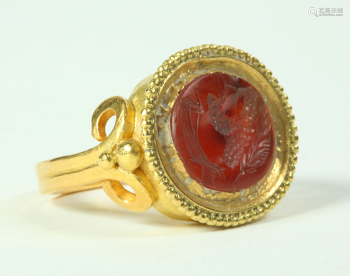 Roman Carved Carnelian Intaglio Hi Karat Gold Ring