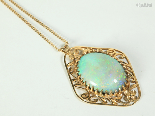 Cabochon Opal Oval Pendant 14K Filagree Setting