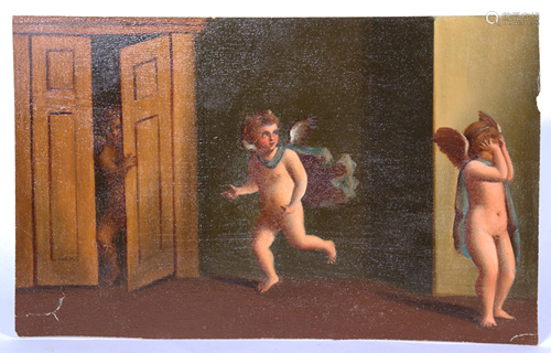 Oil on Paper, 19 C, 3 Cherubs Playing Hide & Seek