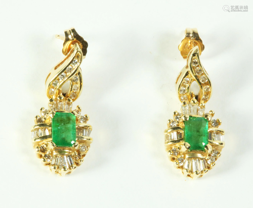 Pair Emerald & Diamond Earrings 14K Yellow Gold