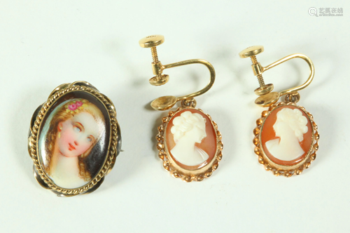 Pair Shell Cameo 10K Gold Earrings; Porcelain Pin