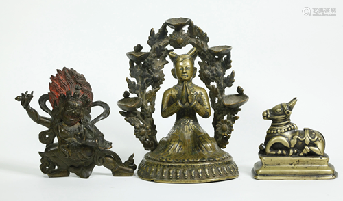 3 Tibetan Bronze Figures; Mahakala Acolyte Bull