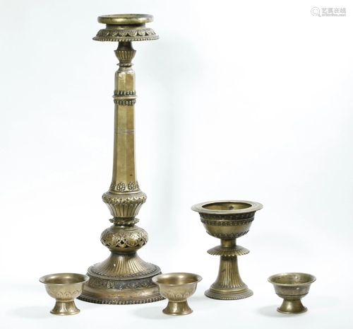 4 Tibetan Bronze Butter Lamps; 1 Tall Lamp Stand