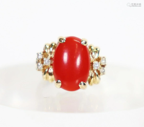 Dark Coral Oval Cabochon Ring 14K & Sm Dia…