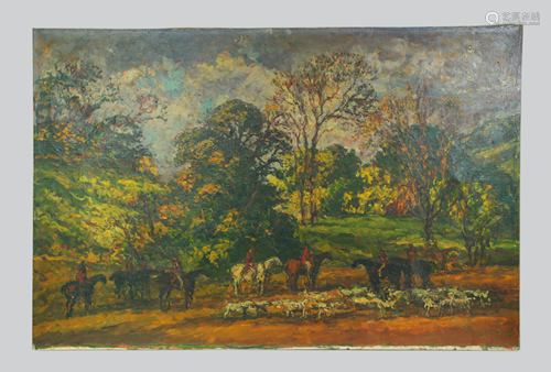 American School Oil Canvas; Fox Hunting Landscape