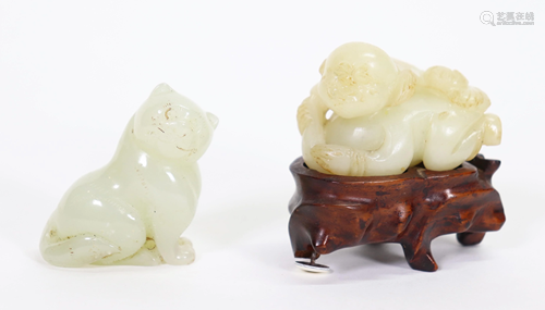 2 Chinese Jade Hard Stone Toggles, Cat & Boy