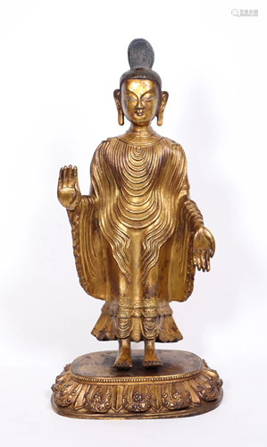 Tibetan Gilt Bronze Standing Buddha, Lotus Base