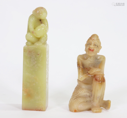 2 Chinese Shoushan Soapstone; Seal Stamp & Lohan