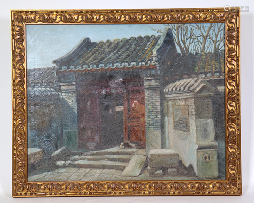 Chinese Oil Canvas; Ancient Beijing Doorway