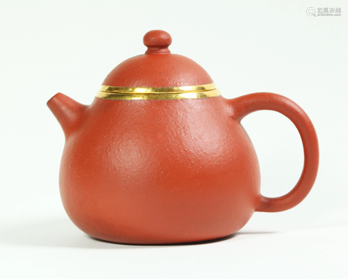 Chinese 19 C Yixing Teapot, High Karat Gold Rims