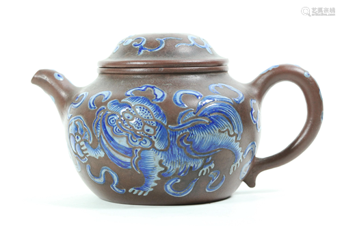 Chinese 19 C Yixing Teapot Enameled w Blue Dog