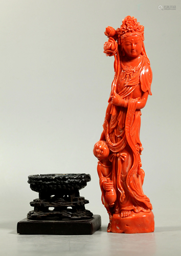 Large Chinese Coral Standing Guanyin; 755.7G