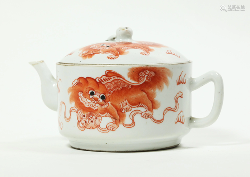 Chinese 19 C Iron Red Fu Dog Porcelain Teapot