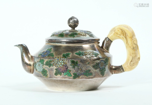 Fine Japanese 19 Century Enameled Silver Teapot