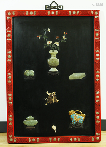 Chinese Red Cinnabar Lacquer Jade Cloisonne Panel