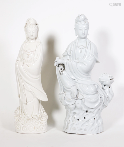 2 Large Chinese Blanc de Chine Figures of Guanyin