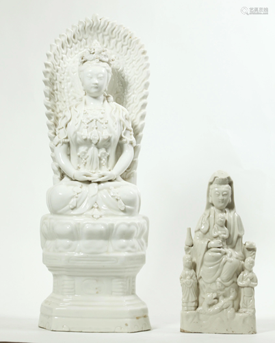 2 Chinese Blanc de Chine Seated Porcelain Guanyin