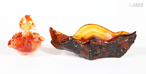 2 Chinese Carnelian Agate Carvings Censer & Bowl