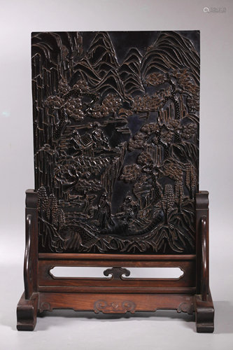 Chinese Carved Cherry Amber Landscape Plaque 171…