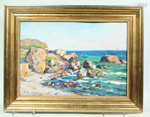 Russian Oil on Board, 1968 Seaside Rocky Beach