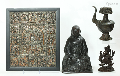 Tibetan Silvered Bronze Plaque; 2 Figures, 1 Ewer