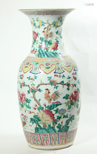 Lg Chinese 19 C Rooster & Peony Porcelain Vase