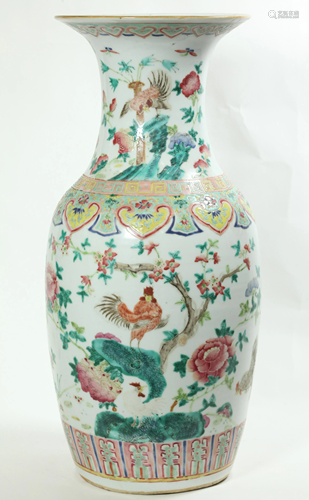 Lg Chinese 19 C Rooster & Peony Porcelain Vase