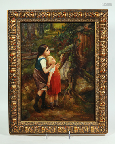 R Spencer; Oil on Board; 2 Children Frighten Bird