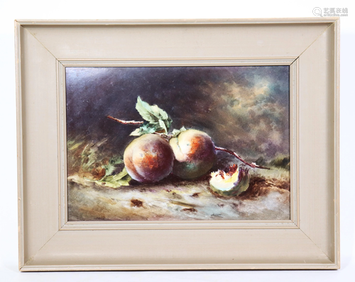 Still Life Peaches; Painting on Porcelain; Framed