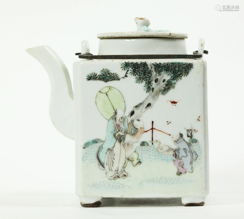 Chinese 19 C Enameled Porcelain 4-Sided Teapot