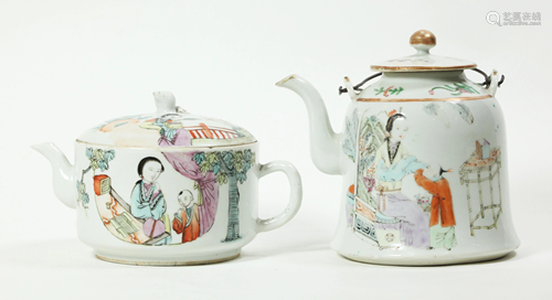 2 Chinese Qing Figure Enameled Porcelain Teapots