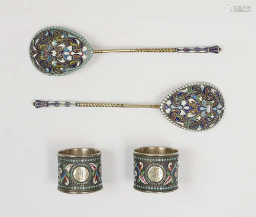 2 RUSSIAN SILVER ENAMEL SPOONS