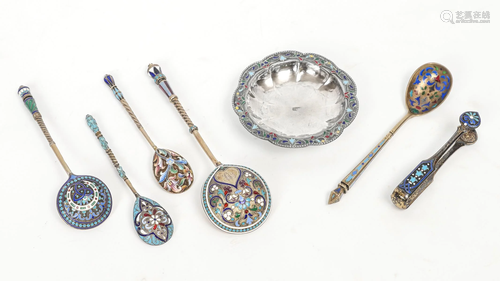 7 PIECE RUSSIAN SILVER GILT & CLOISONNE