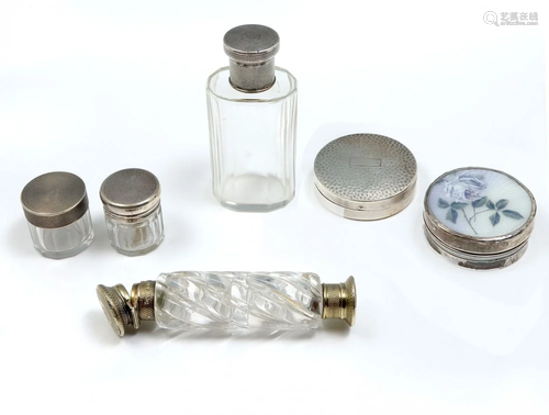 6 PC SILVER PERFUME BOTTLES & DRESSER JARS